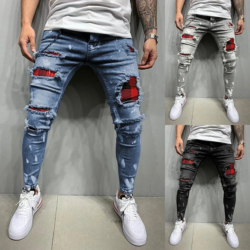 2023 Fashion Street Style Ripped Skinny Jeans Men Vintage wash Solid Denim Trouser Mens Casual Slim fit Black Blue denim Pants